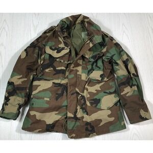 Vintage 80s Military Jacket Mens Small Coat Cold Weather Field Woodland Camo M65